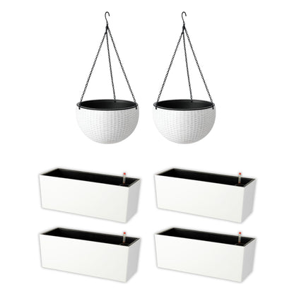 LaLaGreen Bundle- 4 Pack, 14 Inch Rectangular Self Watering Planter + 2 Pack, 11 Inch Round Self Watering Basket Rattan Style Balcony Flower Pot Window Wall Mount Plants Boxes Modern Home Garden Decor