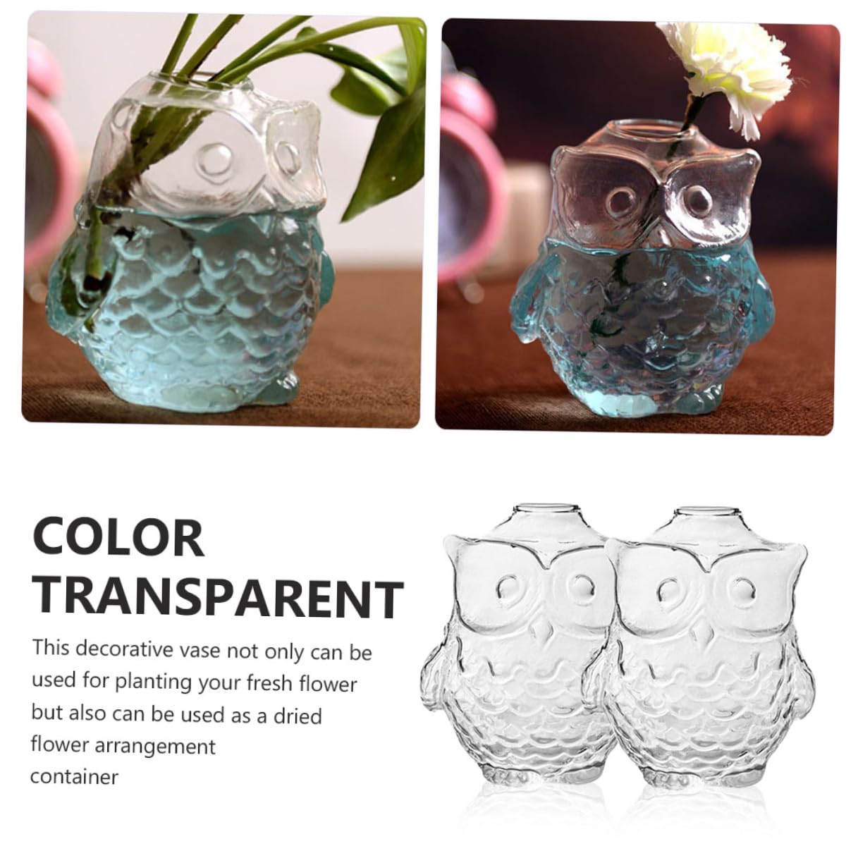 STOBAZA 2pcs Owl Shaped Glass Vase Hydroponic Flower Arrangement Holder 9x7.5x8.5cm Desktop Decorative Plant Terrarium for Home Office