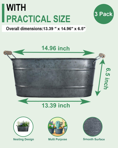 15 Inch Galvanized Planters for Outdoor Plants - 3 Pcs Rustic Large Metal Flower Buckets with Drainage & Plug, Farmhouse Style Oval Containers with Handles, Great for Home Decor, Galvanized Black