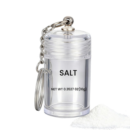 Mini Salt Keychain Bottle – Refillable AS Travel Salt Shaker – Portable Spice Jar with 2 Stickers – Small Key Chain Shaker for Camping, Office, Picnics, Lunchboxes