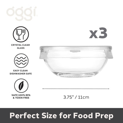 OGGI Set of 3 x Glass Pinch Bowls - 4oz with Clip Lids, Ideal For Salt and Pepper, Storage with Lids, Condiment Bowls, Mini Bowls, Prep Bowls for Cooking or Mise en Place - Clear