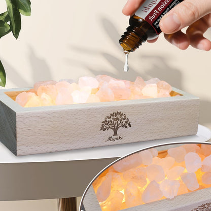 mlynkl Himalayan Pink Salt Lamp Diffuser with Wood Base - 300g Natural Salt, USB Powered, Warm Light & 10ml Passion Fruit Essential Oil Set for Aroma, Relaxation, Meditation, Home Decor, Gifts