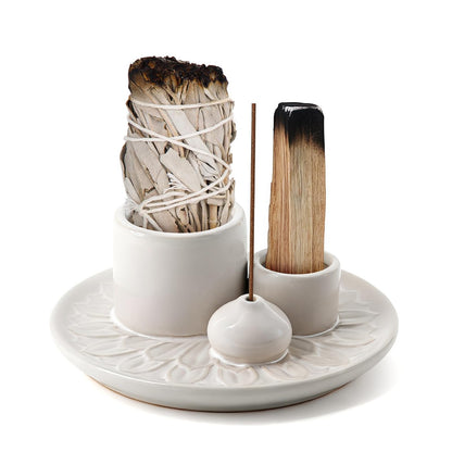 4 in 1 Ceramic Incense Holder, Palo Santo Stick Holder, Sage Holder for Burning, 5.2" Ash Catcher Tray for Meditation, Yoga & Home Decor (White)
