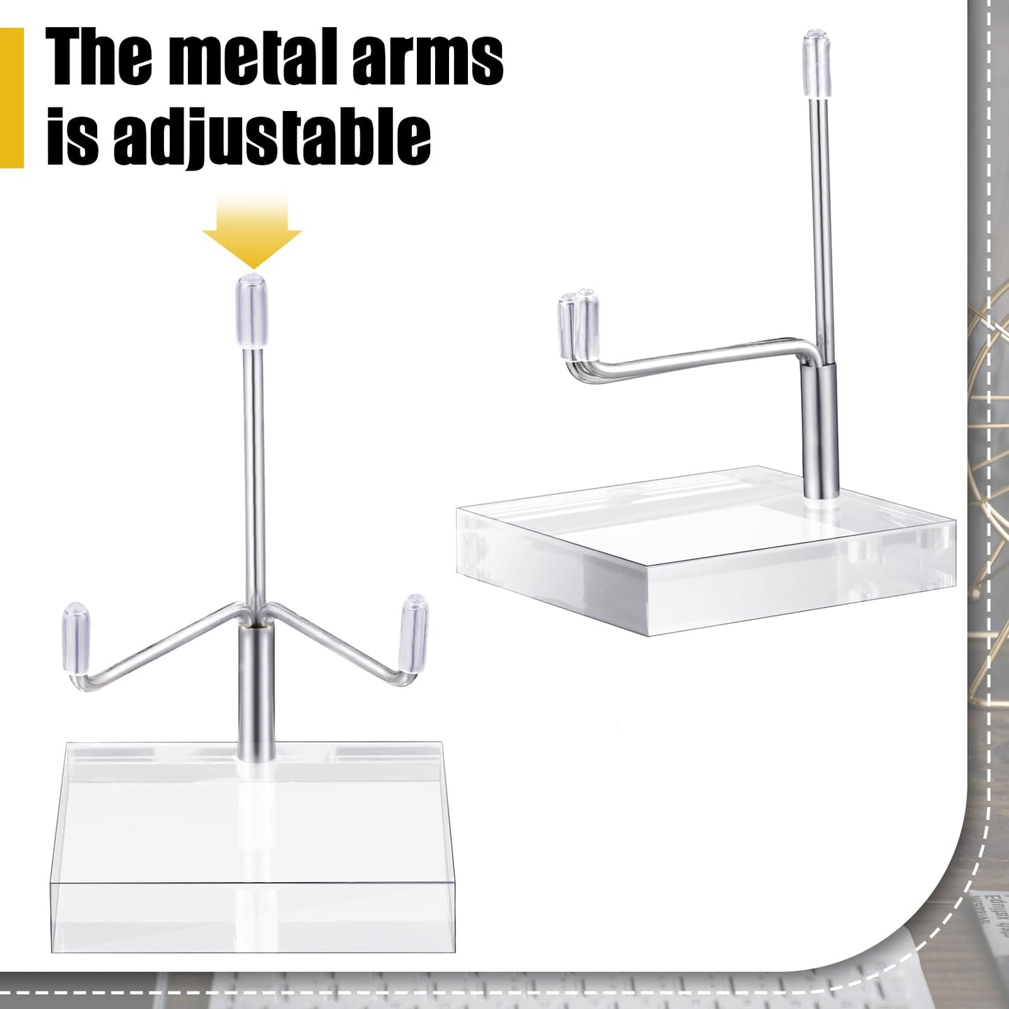 Kigley 8 Pcs Adjustable Metal Arm Display Stand Crystal Holder Easel Display with Acrylic Base Easel Rock Mineral Stand for Geodes Mineral Agate Collection(Silver,2 x 2 x 3.5 Inch)