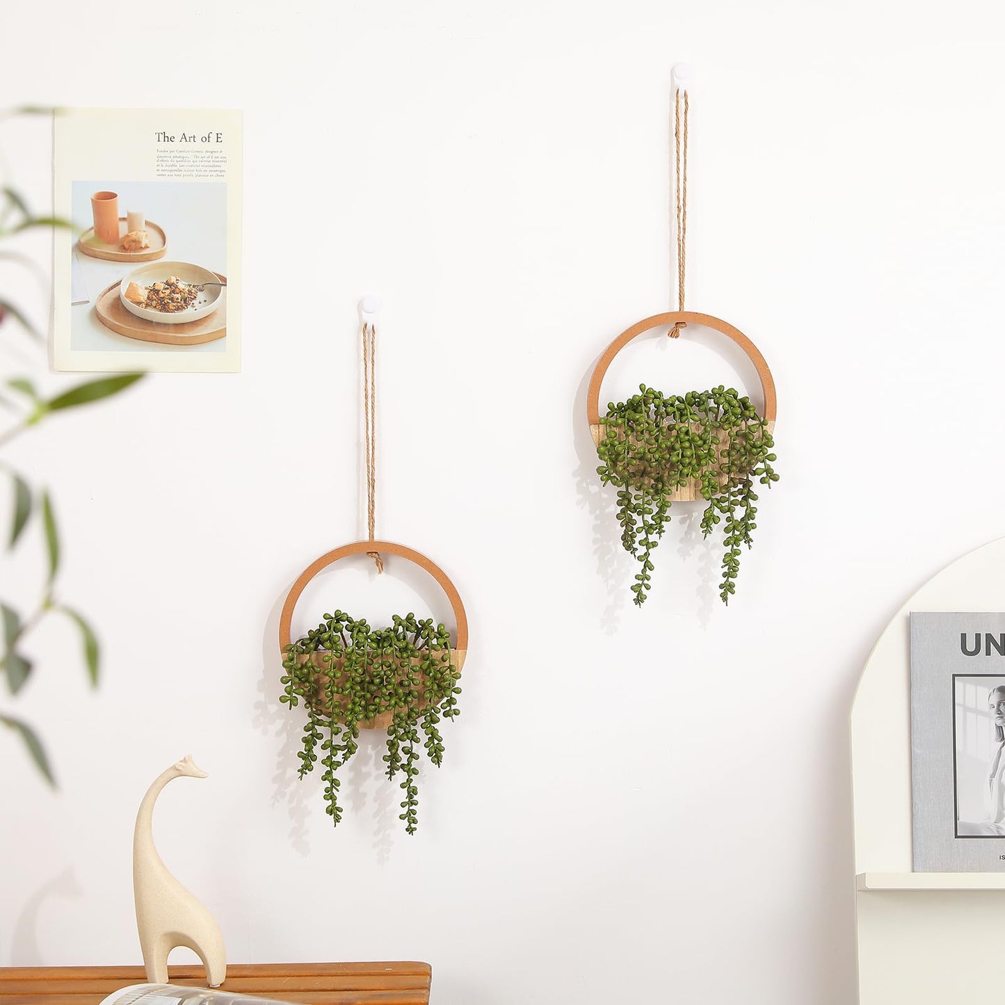 JUSTOYOU 2pcs Fake Hanging Plants Artificial Succulents Wooden Hanging Planter Artificial String of Pearls with Pot and Lanyard for Living Room Bathroom Indoor Outdoor Boho Wall Decor