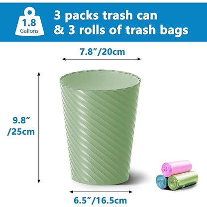 Lysam Bathroom Trash Can, 3 Pack 1.8 Gallons Small Trash Can with Trash Bags, Bathroom Garbage Can, Plastic Trash Bin, Round Waste Basket for Bedroom, Office, Room (White Pink Green)