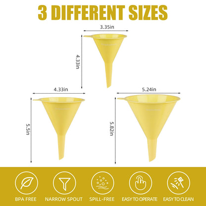 Plastic Kitchen Funnel Set of 3, Round Kitchen Funnels for Filling Bottles, Durable and Multifunctional Funnels for Filling Canning, Cooking, Lab or Car Oil (Milk Yellow)