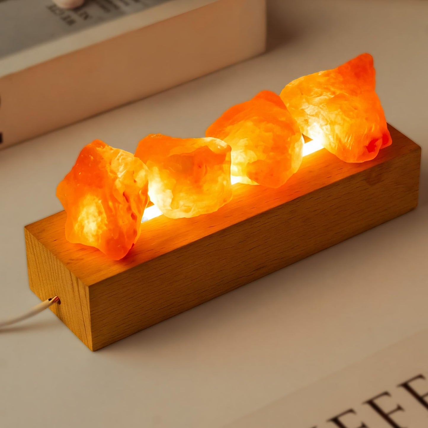 Runyangshi Crystal Night Lamp Natural Healing Himalayan Salt Raw Stone USB Port 3 Colours Dimming Mode Bedroom Lamp Suitable Night Light Ideal Gift