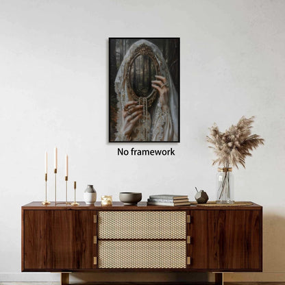 Mirror Witch Gothic Posters Victorian Goth Wall Art Witchy Dark Academia Room Home Decor Macabre Canvas Print Surreal Collage Forestcore Pictures Painting for Bedroom 16x24inch Unframed