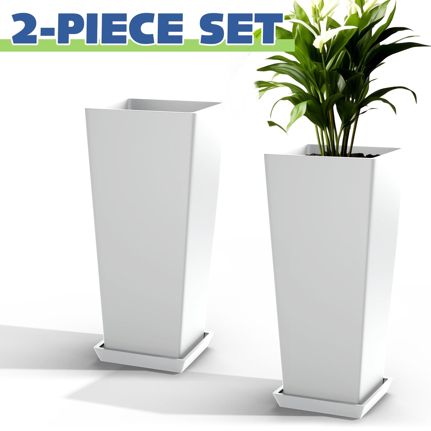 ART DEMO 23.6" Tall Outdoor Planters Large Tall Planter for Indoor or Outdoor, Set of 2 Tapered Square Flower Pots with Tray for Porch, Patio, Backyard(White)