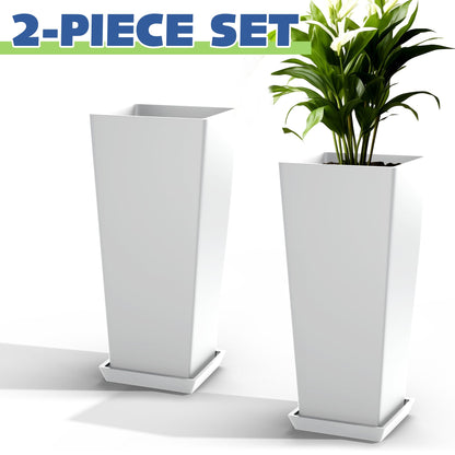ART DEMO 23.6" Tall Outdoor Planters Large Tall Planter for Indoor or Outdoor, Set of 2 Tapered Square Flower Pots with Tray for Porch, Patio, Backyard(White)