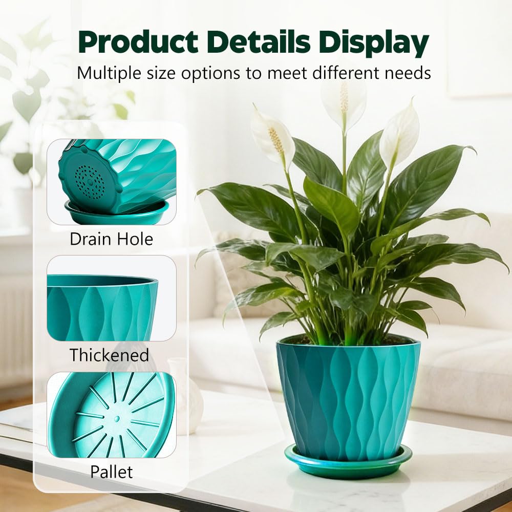 KEETUMOOD Plant Pots, Self Watering Planters with Drainage Holes and Trays, Flower Pots for Indoor Outdoor - 6 Pack(4/5/6/6.5/7/8 Inch) (Dark Green)