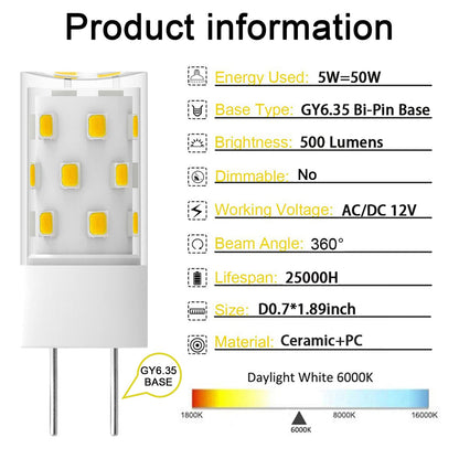 GY6.35 LED Bulb 5W Equivalent to 50W Bi-pin Base Halogen Bulb, AC/DC 12V Daylight White 6000K for Pendant Light, Chandelier, Desk Light, Accent Lights, Landscape Lighting, Non-Dimmable (4 Pack)
