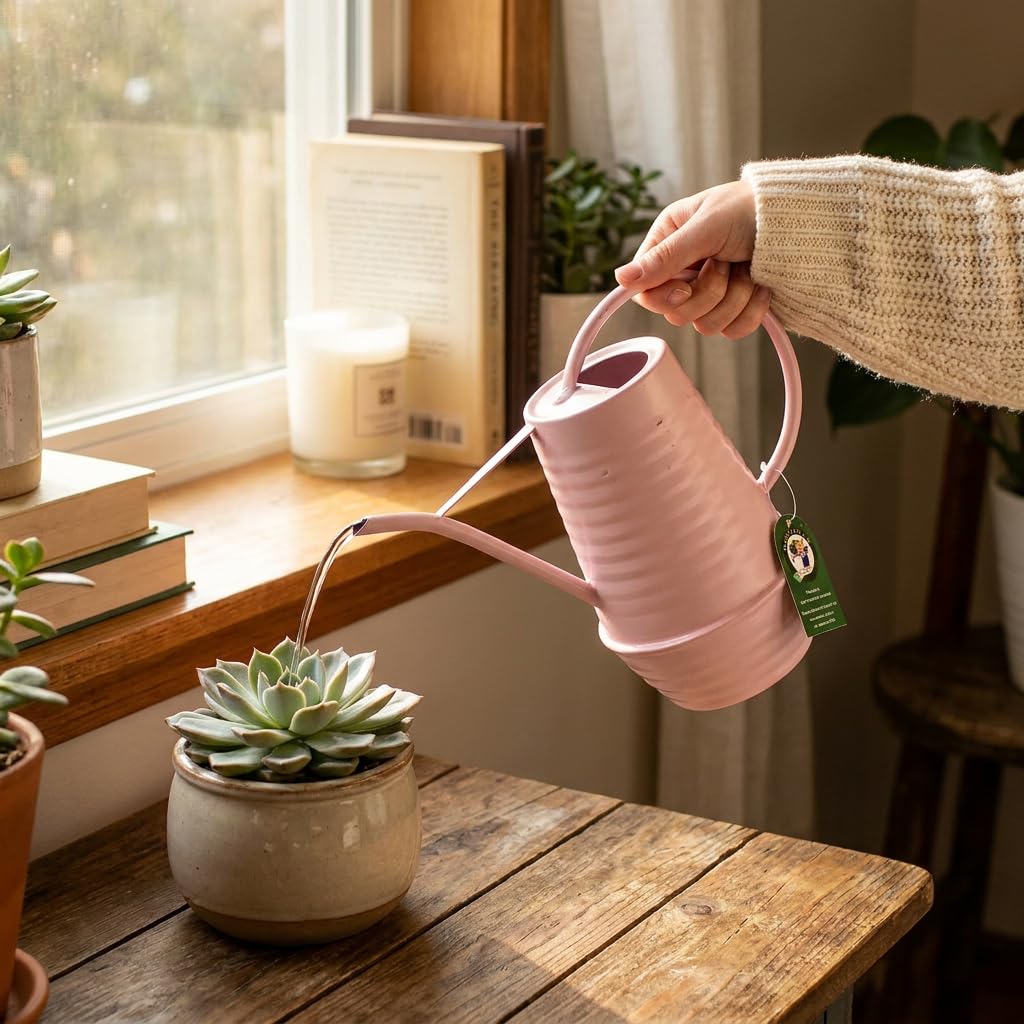 HORTICAN Small Watering Can, Matte Pink (Almost Mauve), 34oz., Metal Watering Can with Long Spout, Nice Indoor Water Can, Plant Water Can for Indoor Plants
