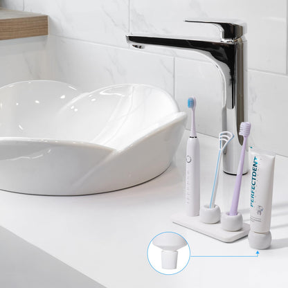 Dersyer 3 Pack Mini Ceramic Toothbrush Holder Stand with 1 Pack Water Absorbing Stone for Bathroom Vanity Countertop, Toothbrush Organizer, White