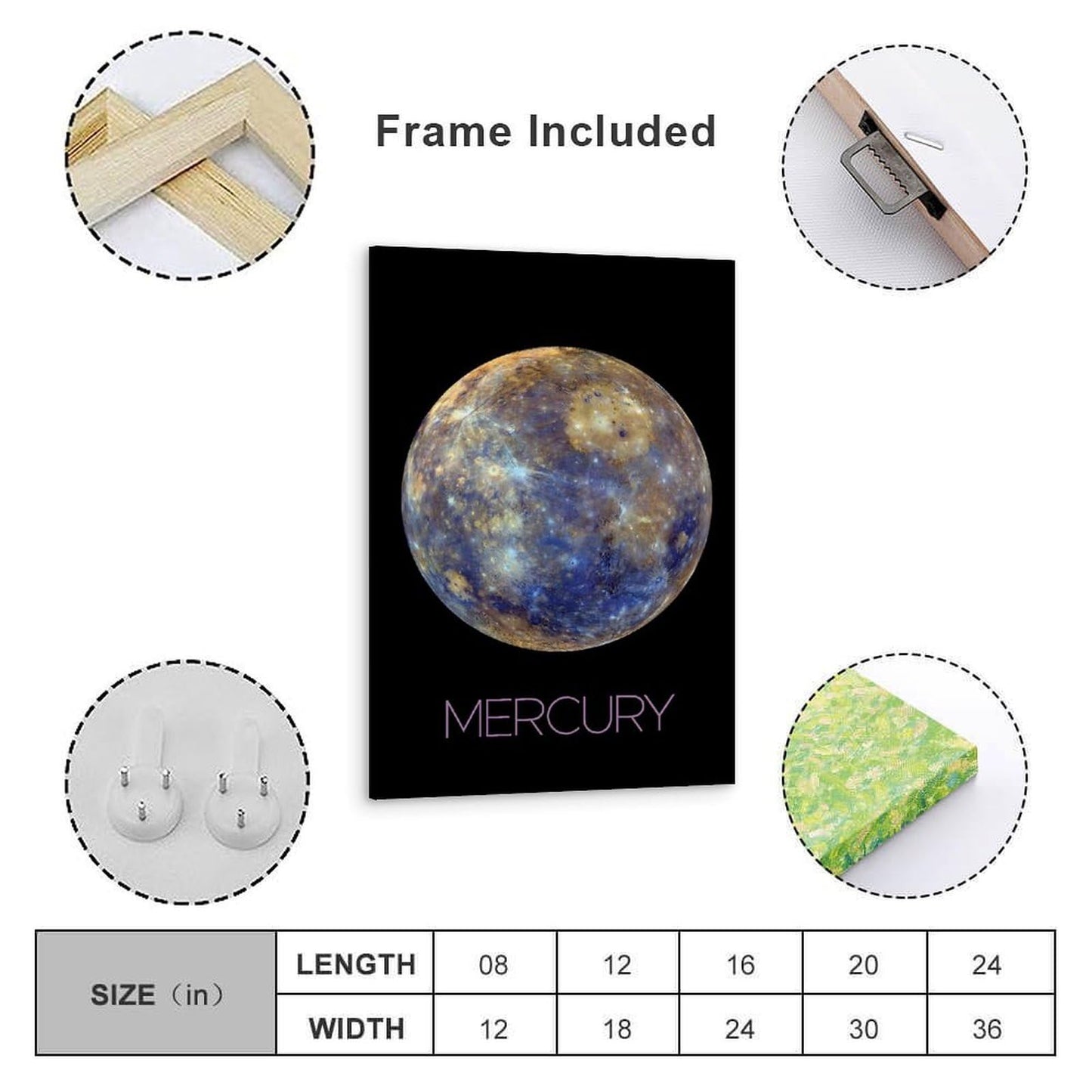 Solar System Planets Canvas Wall Art - Mercury Planet Space Poster for Kids Room Bedroom Classroom, STEM Educational Astronomy Decor, Science Gift for Boys Girls, 12x18 Inch Framed