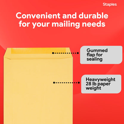 Staples 10 x 15 Clasp Catalog Envelopes, Brown Kraft, Gummed Seal with Metal Clasp, Heavy‑Duty Mailing Envelopes for Documents, 100/Pack