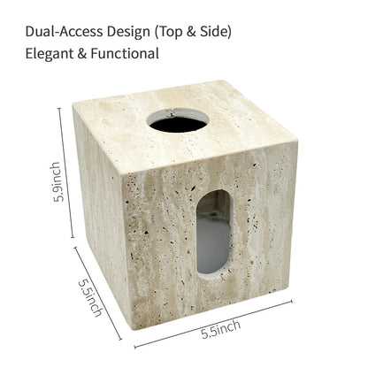 Natural Travertine Marble Tissue Box Cover – for Loose Facial Tissues and Toilet Paper roll, Square Cube Tissue Box Holder with Dual Access, Rustic Farmhouse Décor for Bathroom & Living Room