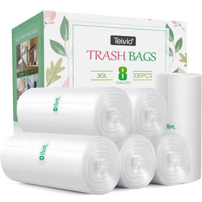 8 Gallon 330 Counts Unscented Medium Trash Bags,Fit 7,8,9,10 Gal Garbage Bags by Teivio, 30 Liter Thick Bathroom Can Bin Liners,Plastic Bags for Home Office Kitchen, Clear