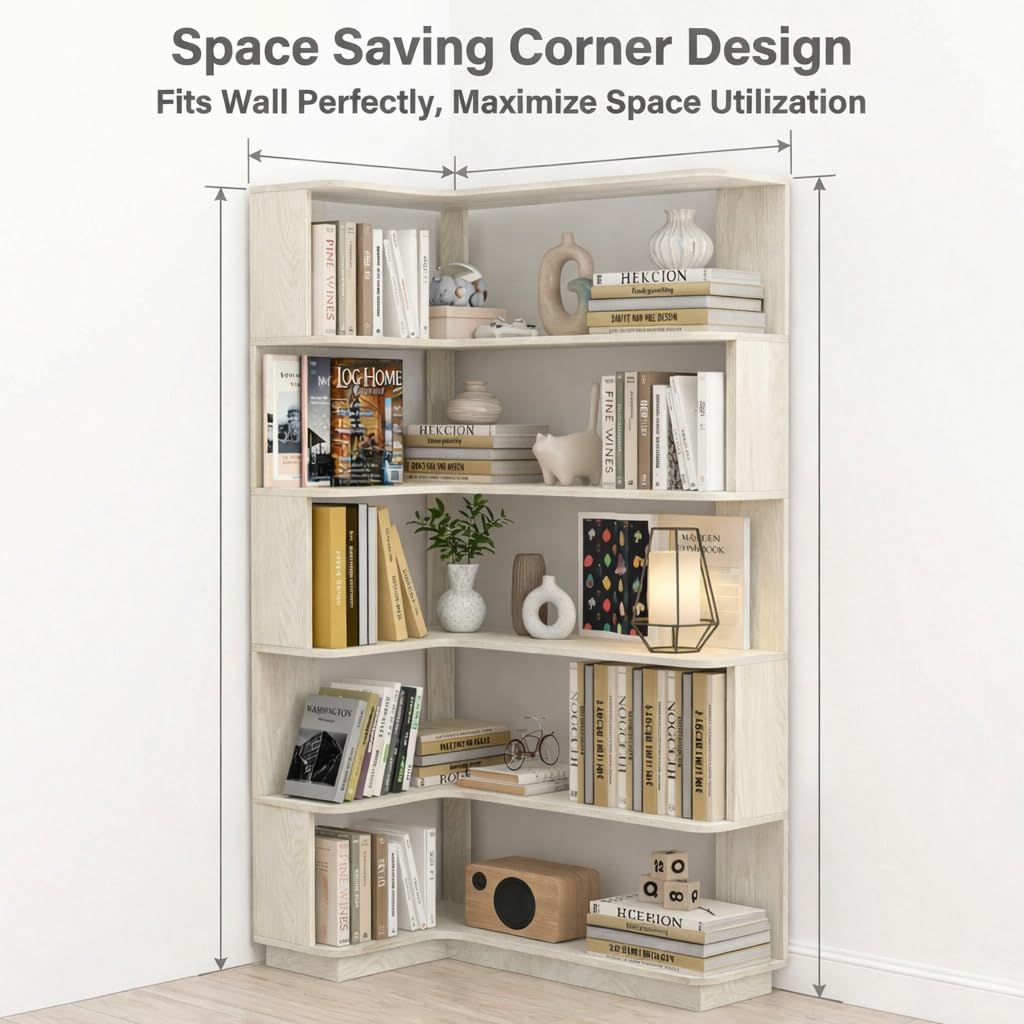 Arvolia 6 Tier Corner Bookshelf, Freestanding L-Shaped Wooden Bookcase with Open Shelves, Anti-Fall Panels and Anti-Tipping Device for Living Room, Home Office (White with Right Extension)