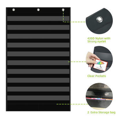 ANCOMEDO Large 10+2 Pockets Standard Pocket Chart, 10 Clear Pockets Words Chart with 2 Extra Storage Pocket for Classroom Home Office Use,Large Size:45”x 28” Letter Cards,Words and Sentence Strips.