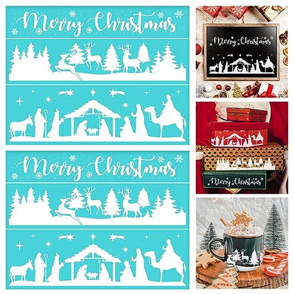 2PCS Christmas Silk Screen Stencil 11x8 Self-Adhesive Mesh Stencils Silkscreen Stencil for Chalk Paste with Reindeer Pine Tree for Printing on Wood Fabric Wall Cup Plate Glass Paper