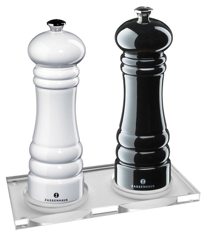 Zassenhaus Pepper & Salt Mill Set 'Berlin', Black & White, Glossy, 7", with Coaster