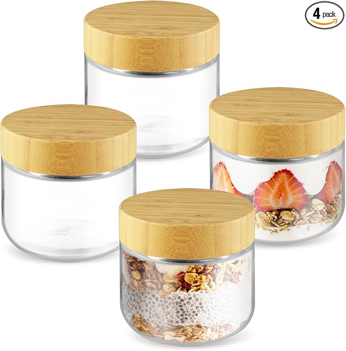 Wresty Empty Clear Glass jars with Airtight Lids Overnight Oats Containers Glass Food Storage Containers Glass Mason Jars For Yogurt Snacks Spice Sugar Jam And More (4 Pcs Bamboo Lids, 300ml/10oz)