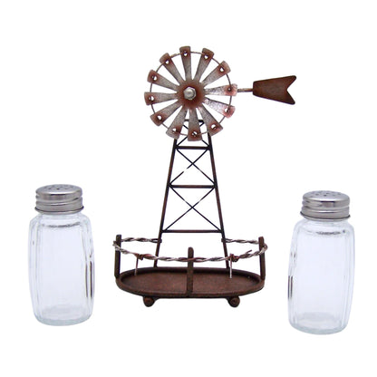 Windmill Salt and Pepper Set Holder, Unique Rustic Décor, Shakers Included, 6.5 Inches