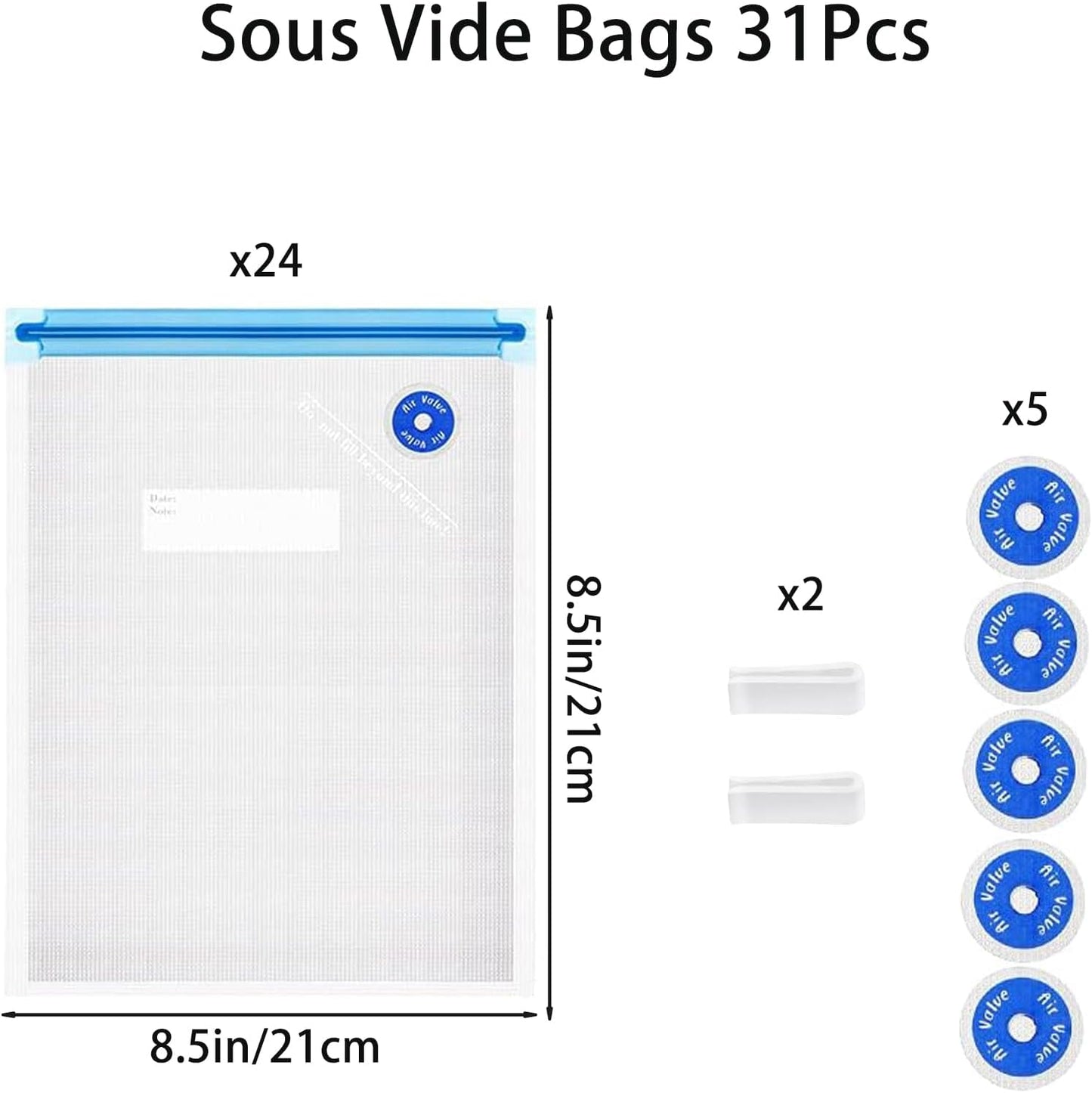 Reusable BPA Free Vacuum Sealer Bags (8.5 * 8.5in), 31 Pcs (24 Pcs Vacuum Zipper Bag & 2 Seal Clips & 5 Air Valves), Plastic, Clear, Double Zipper Seal, Microwaveable, Food Storage, Cooking