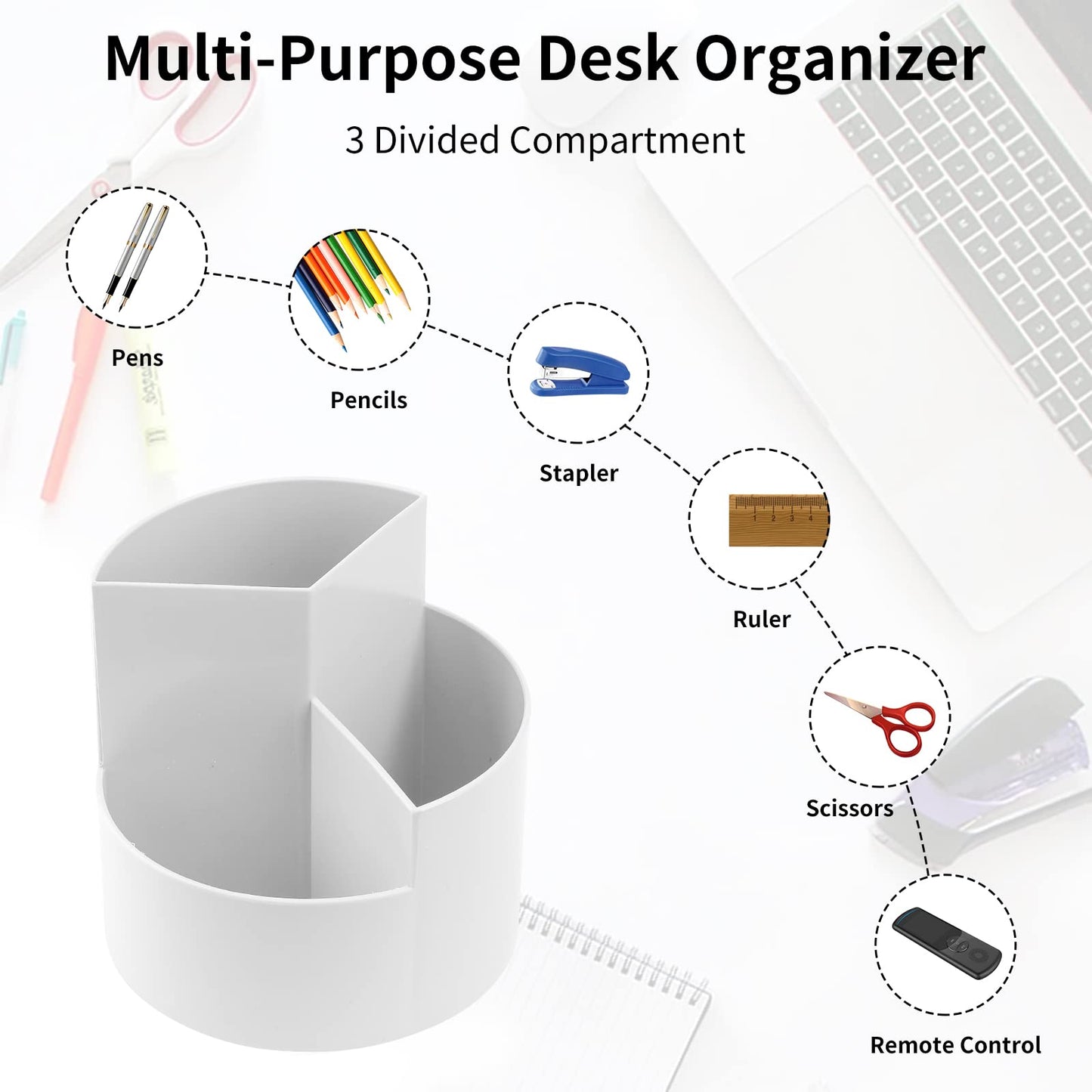 EDENMS Desk Pencil Pen Holder, 3 Slots 360-Degree Spinning Organizers, Desktop Storage Stationery Supplies, Cute Cup Pot for Office, School, Art Supply, Kids - Gray