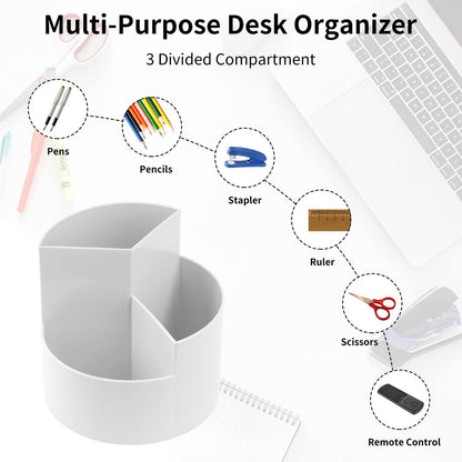 EDENMS Desk Pencil Pen Holder, 3 Slots 360-Degree Spinning Organizers, Desktop Storage Stationery Supplies, Cute Cup Pot for Office, School, Art Supply, Kids - Gray
