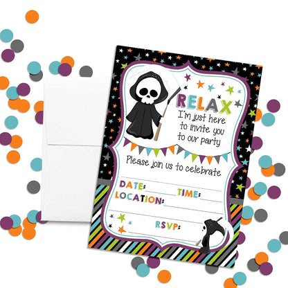 Relax! Funny Grim Reaper Themed Halloween Party Invitations, 20 5x7 Fill In Cards with Twenty White Envelopes by AmandaCreation