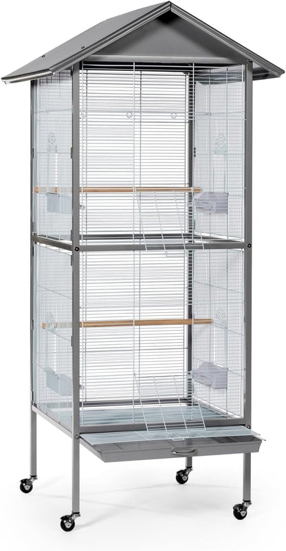 Prevue Pet Products Aviary Large Flight Cage - Powder‑Coated Standing Metal Bird Cage with Wheels, Perches, Feeders & Removable Tray, Ideal for Parakeets, Cockatiels, Canaries & Small Birds - Grey