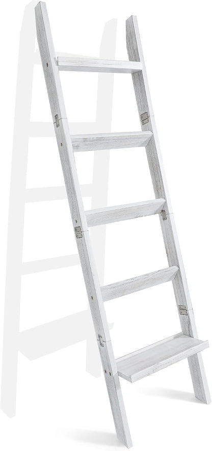 67" Wooden Blanket Ladders for The Living Room,5-Tier Ladder Shelf, Ladder Rack for Storage and Decor (Weathered White)