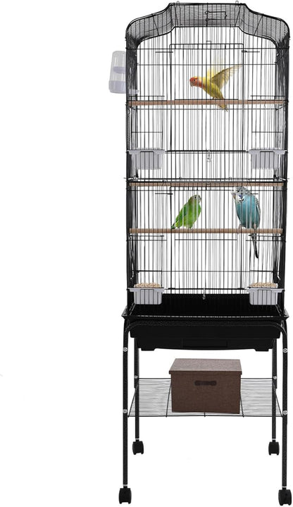 54in Metal Bird Cage Large Parakeet Cages for Parrot, Cockatiel, Lovebird, Pigeon Pagoda Bird House with Rolling Stand,Feeding Bowls & Waterer (Black-54in)