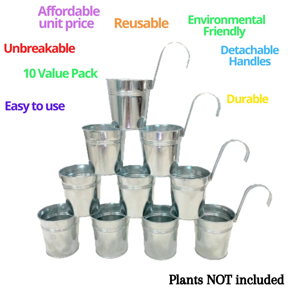 LaLaGreen Bundle - 10 Pack, 11.2 Inch Black + 10 Pack, 6 Inch Silver Metal Pots,Wall Mount Modern Fence Bucket Outdoor Planter Boho Farmhouse Window Rail Box Plant Holder Balcony Garden Decoration