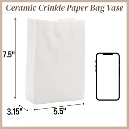 Pumtus Crinkle Paper Bag Ceramic Vase, 7.5 Inch Unique Flower Vase, White Matte Square Wide Mouth Pleated Planter, Minimalist Boho Pot for Flower Arrangement Table Centerpiece Home Office Decor