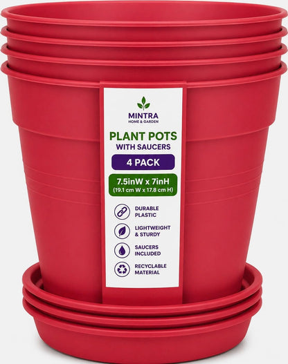 Mintra Garden Pots, 4 Pack Bulk Plastic Plant Pots with Drainage Tray, Round Indoor & Outdoor Decorative Planters with Drain Holes for Flowers, Herbs & Plants, 15cm Diameter – Coral, 7.5 in