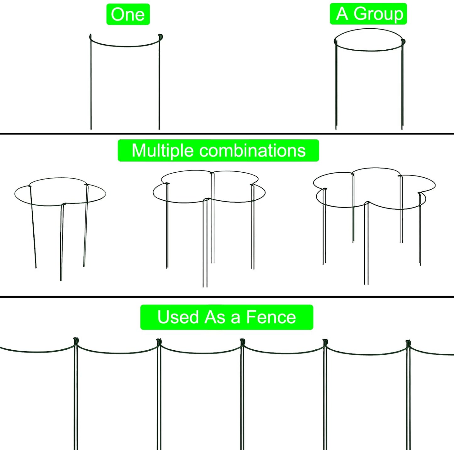 8 Pack Half Round Plant Support Stakes, Green Metal Garden Plant Supports, 9.8”W x15.7”H Plant Support Rings with 20 Pcs Plant Clips for Indoor Outdoor Plants