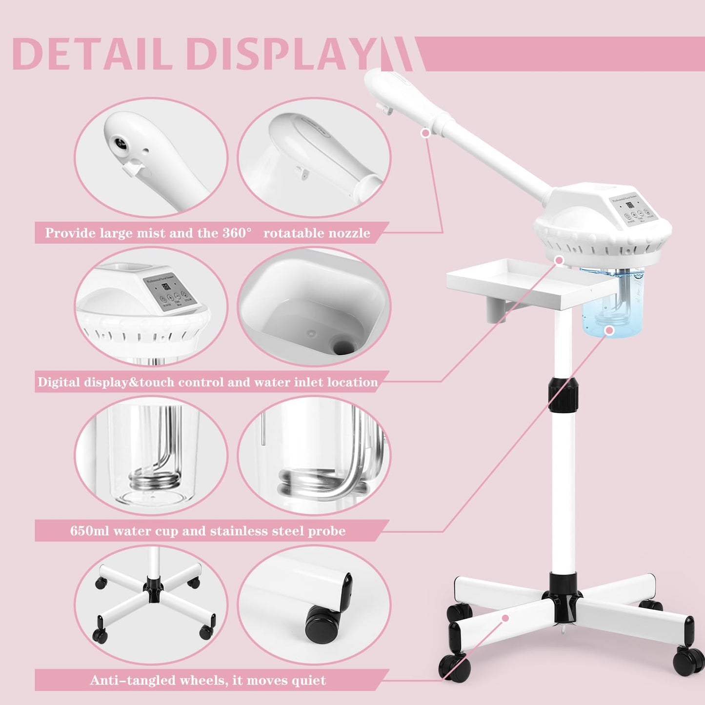 Professional Facial Steamer, 2In1 Face Steamer on Wheels for Facial Deep Cleaning, SPA Facial Steamer for Esthetician with 5X Magnifying Lamp, Stand Face Steamer with Time Setting, Pink