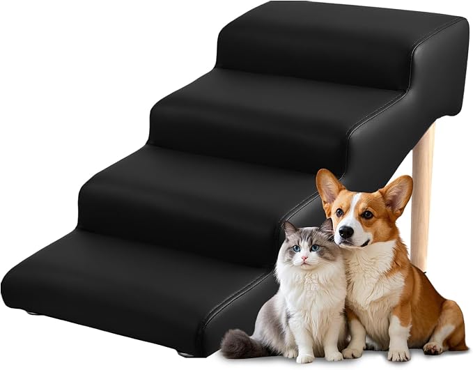 4-Step 18" H Dog Stairs for Bed Couch, Waterproof & Scratch PU Leather Pet Steps for Small Senior Dogs and Cats, Dog Ramp with 220 lbs Maximum, Oak Leg & Solid Wood, Non-Slip Feet, Black