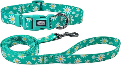 Dog Collar Leash Set, Floral Pattern, Polyester Material, Adjustable Collar and 5ft Matching Leash, for Puppy Dogs.(XS, Green Daisy)