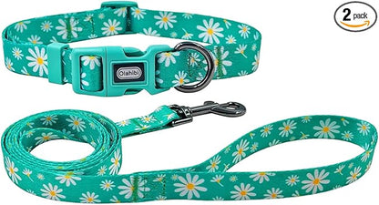 Dog Collar Leash Set, Floral Pattern, Polyester Material, Adjustable Collar and 5ft Matching Leash, for Large Dogs.(L, Green Daisy)