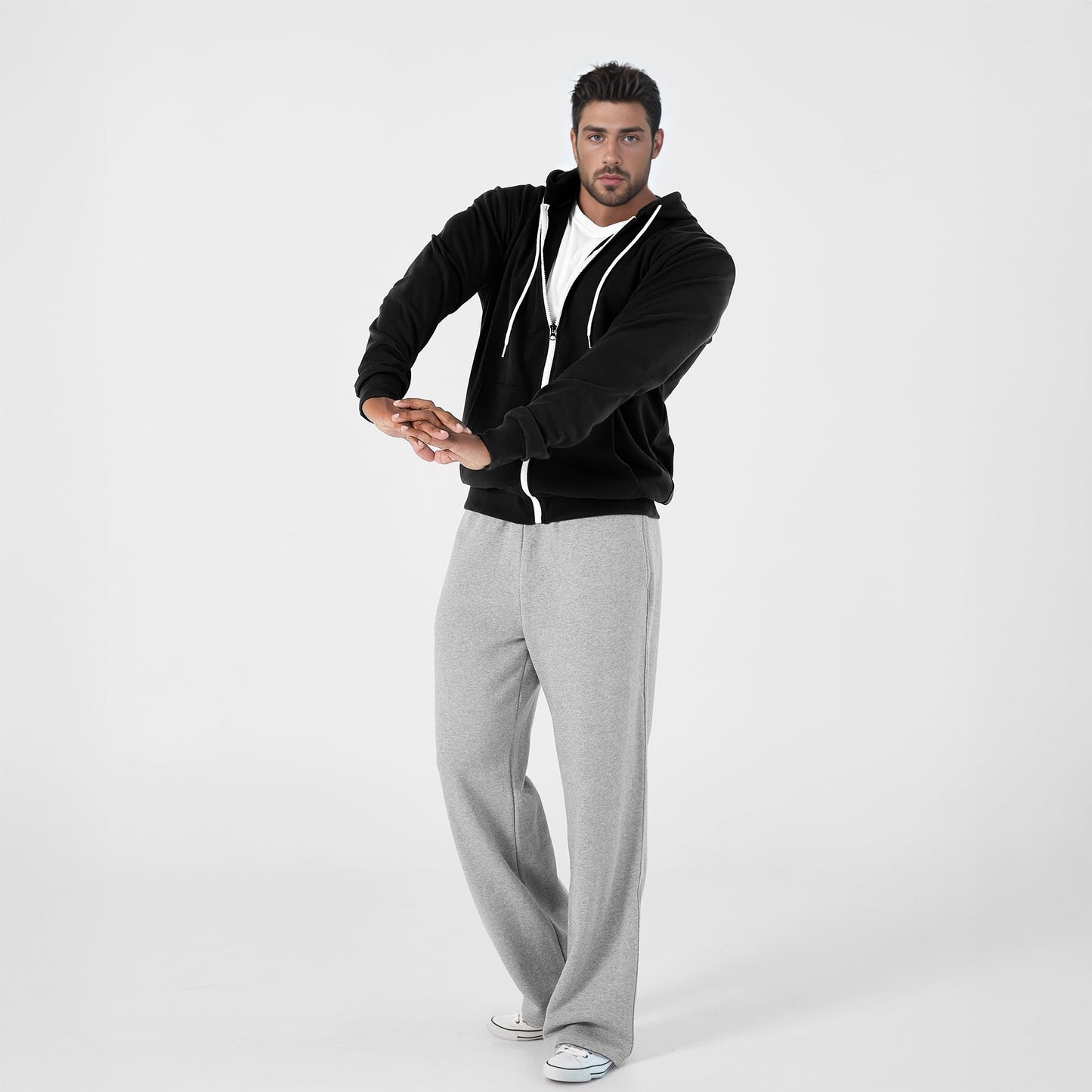 Ohoo Men's Zip Up Hoodie Lightweight Slim Fit Sweatshirt Full Zip Hooded Jacket / DCF002-BLACK-M
