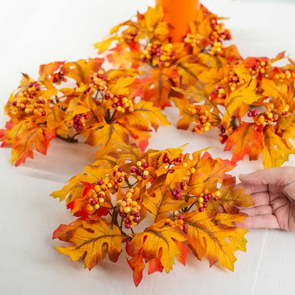 Factory Direct Craft Fall Oak Leaf Candle Rings with Autumn Berries - Set of 4 Artificial Floral Pillar Candle Wreath Rings for Thanksgiving and Halloween Tables Fall Decor Wedding Centerpieces