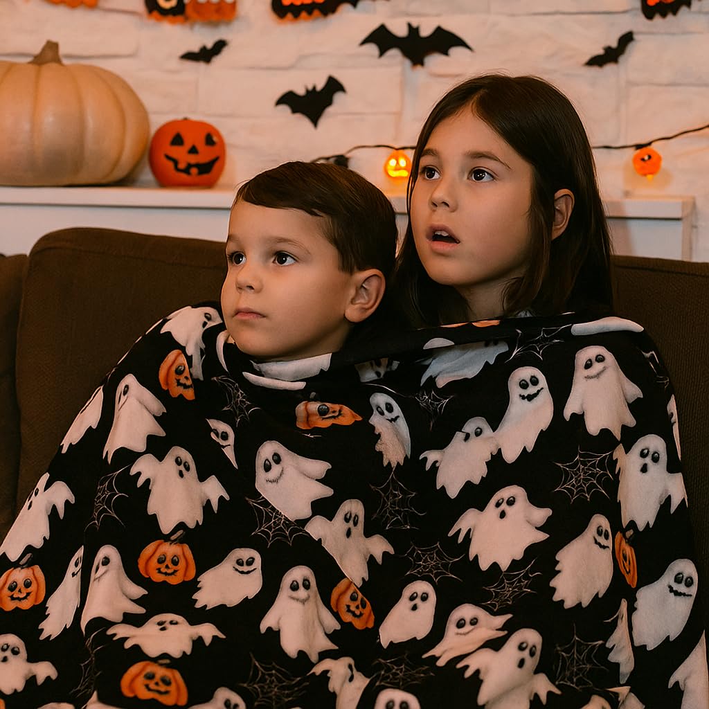 Halloween Fleece Throw Blanket: Jack O Lantern Pumpkins White Ghosts and Spiderwebs on Soft Black Velvet for Sofa, Couch, Chairs and Bed, 50" x 70"