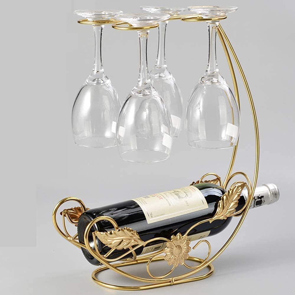 Homya Tabletop Wine Rack, Holds 4 Wine Glasses + 1 Bottle, Gold