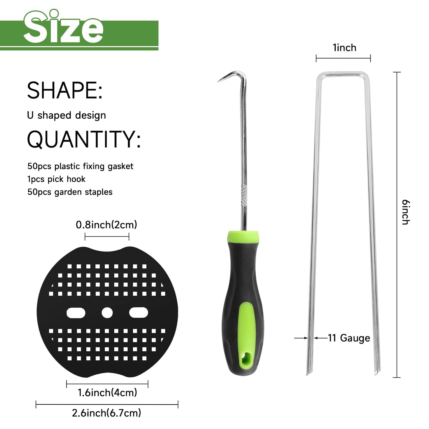 JELNER Garden Stakes,6 Inch 11 Gauge 50pcs Galvanized Landscape Staples + 50pcs Gaskets + 1Pick Hook,Tent Stakes Landscaping Fabric SOD Pins for Weed Fabric Barrier,Groud Cover,Fence