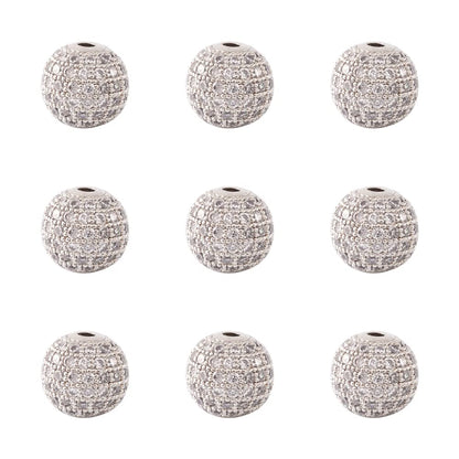 Cheriswelry 10pcs 10mm Grade AAA Platinum Micro Pave Cubic Zirconia Charm Beads Round Crystal Clear CZ Stone Disco Ball Beads Bracelet Connector Spacer for DIY Jewelry Making